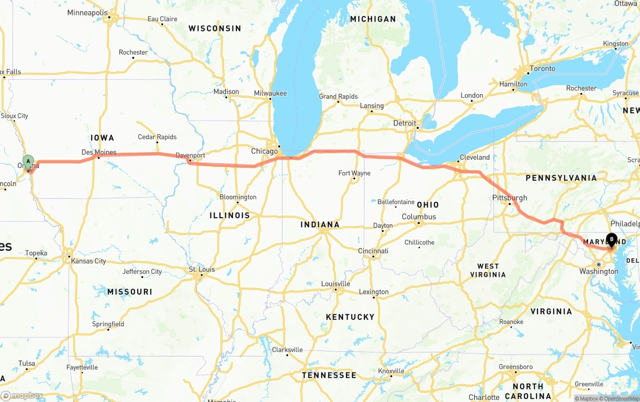 Shipping route from Omaha to Baltimore
