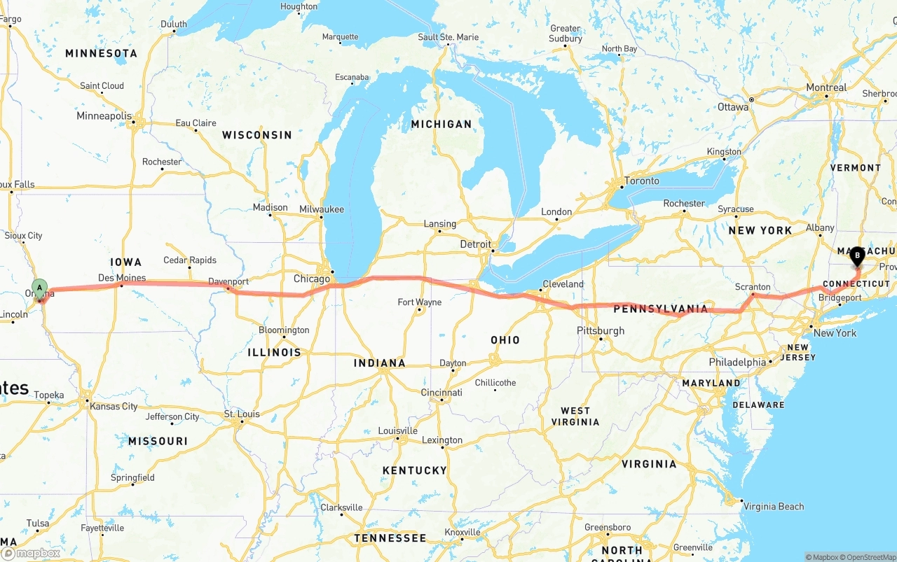 Shipping route from Omaha to Bradley International Airport