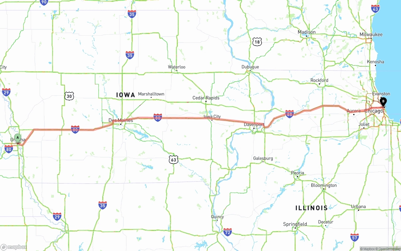 Shipping route from Omaha to Chicago
