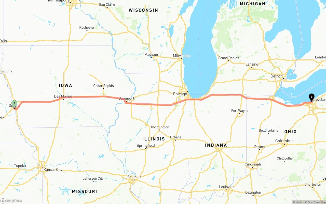 Shipping route from Omaha to Cleveland