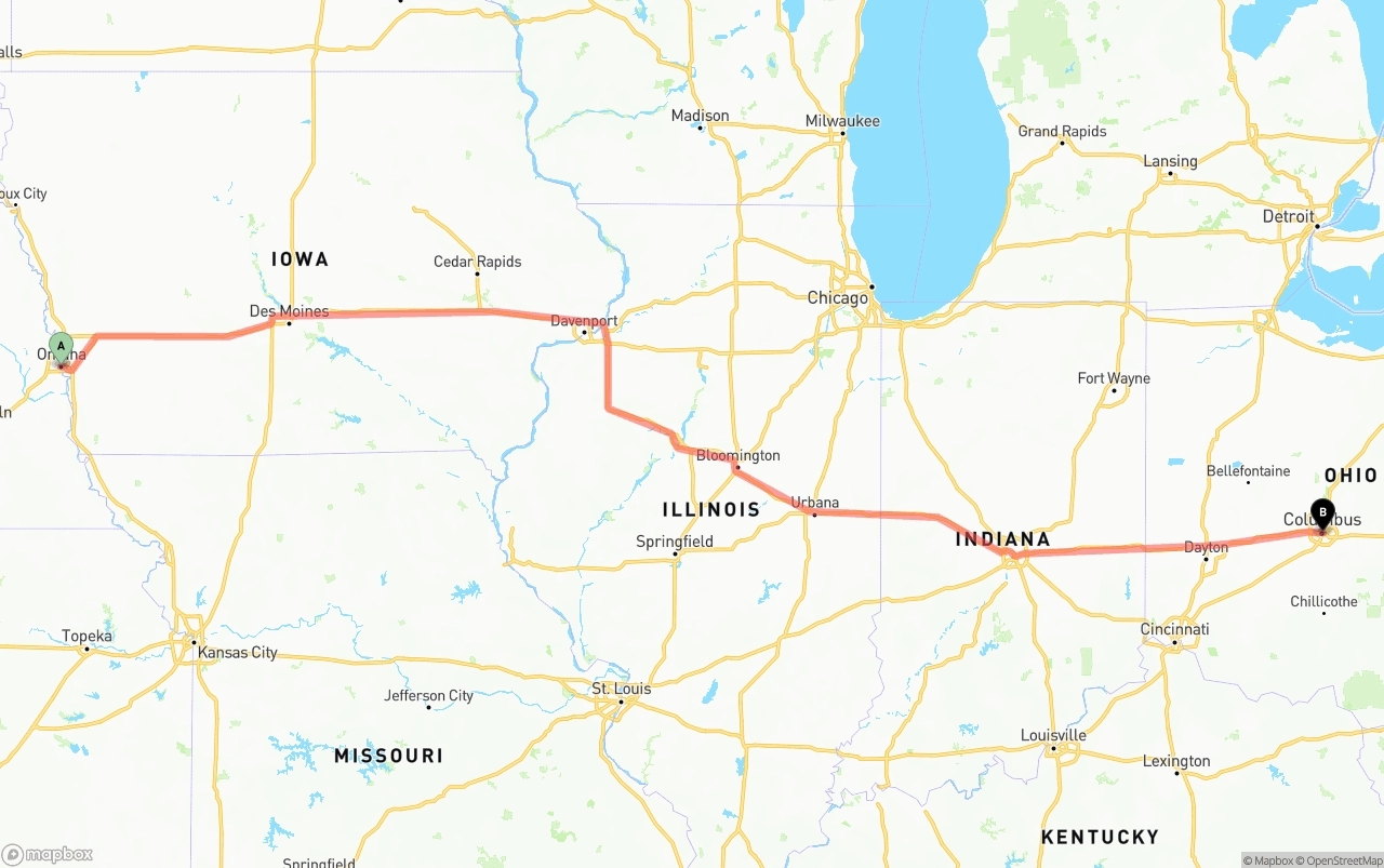 Shipping route from Omaha to Columbus