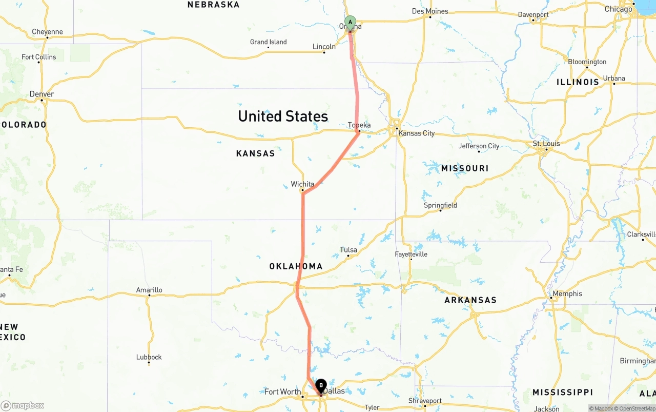 Shipping route from Omaha to Dallas