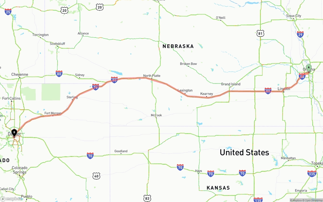 Shipping route from Omaha to Denver