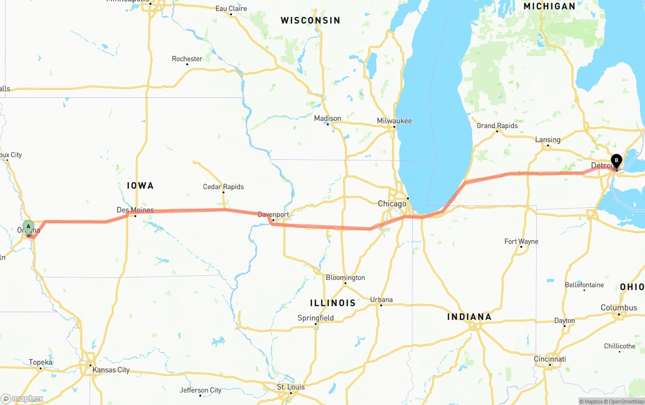 Shipping route from Omaha to Detroit
