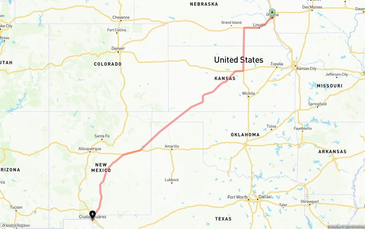 Shipping route from Omaha to El Paso
