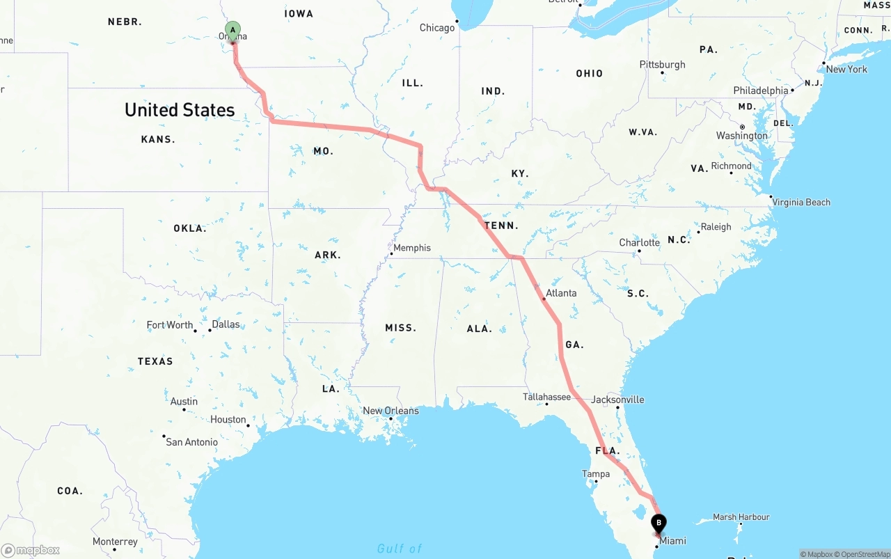 Shipping route from Omaha to Ft. Lauderdale