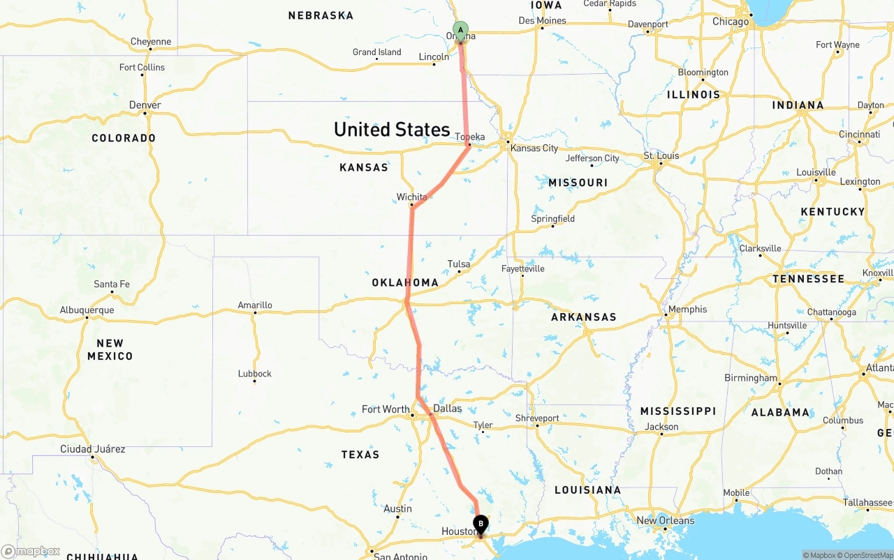 Shipping route from Omaha to Houston