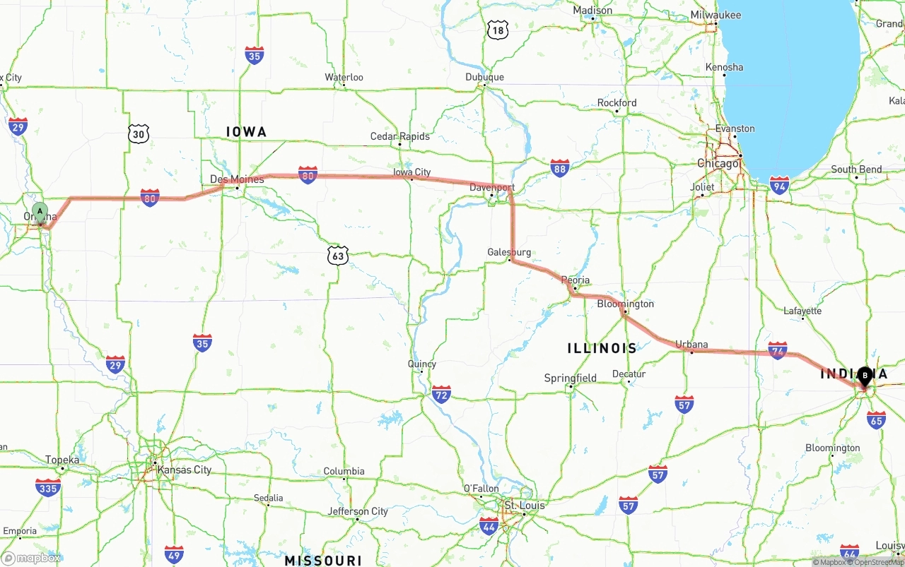 Shipping route from Omaha to Indianapolis