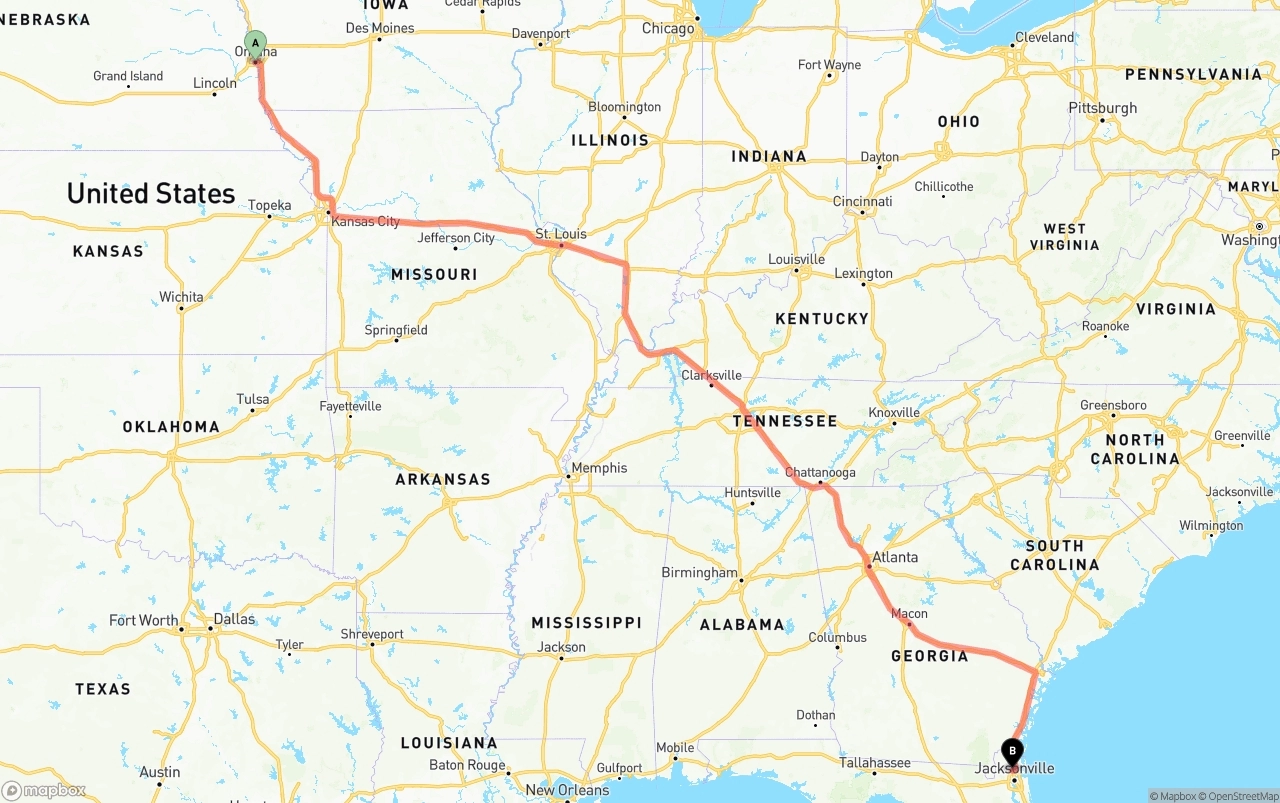 Shipping route from Omaha to Jacksonville International Airport
