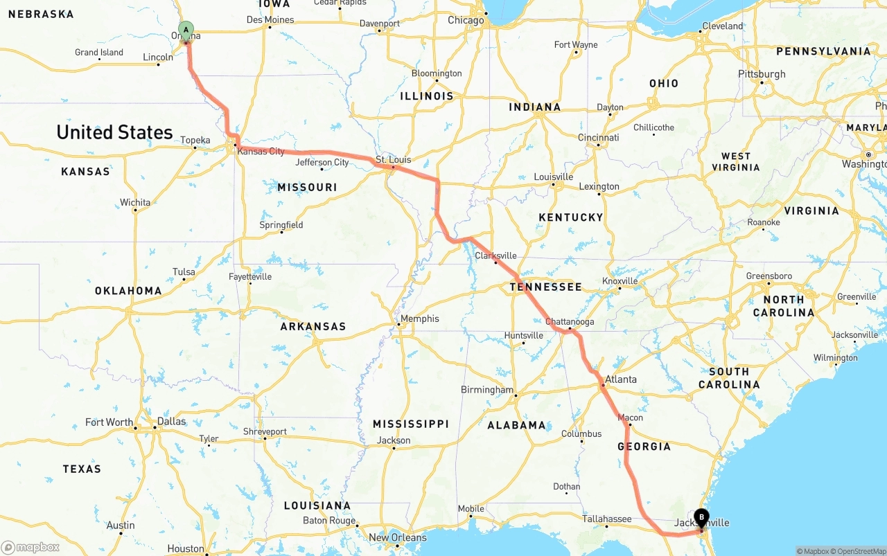 Shipping route from Omaha to Jacksonville