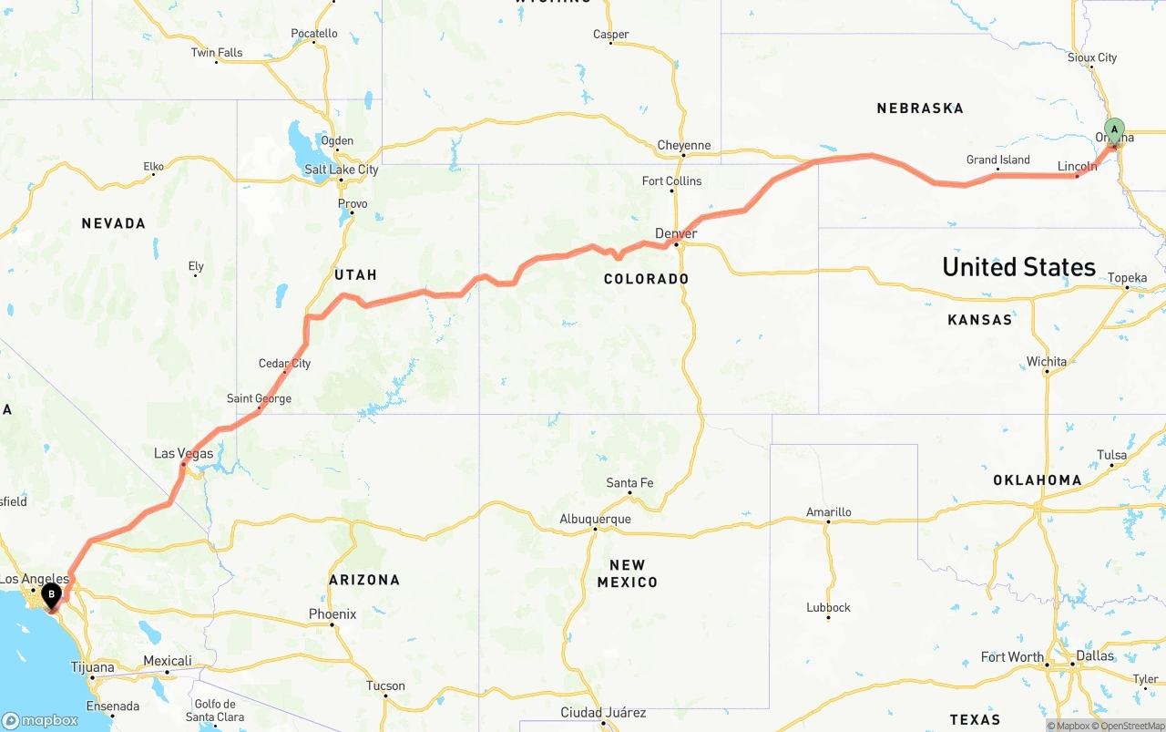 Shipping route from Omaha to John Wayne Airport — Orange County