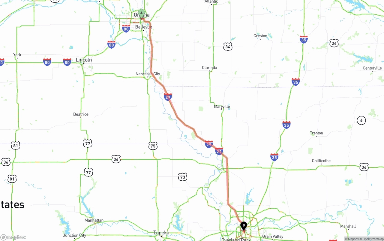 Shipping route from Omaha to Kansas City
