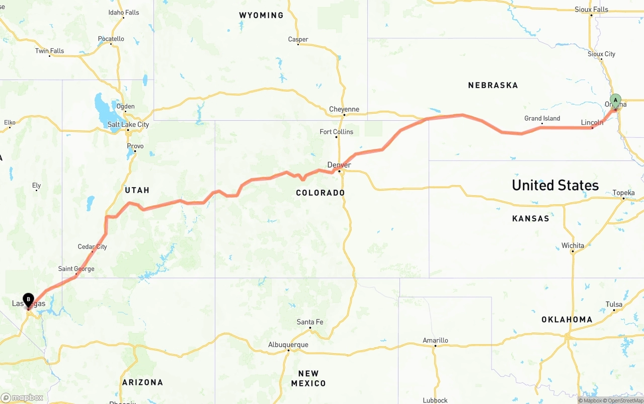 Shipping route from Omaha to Las Vegas