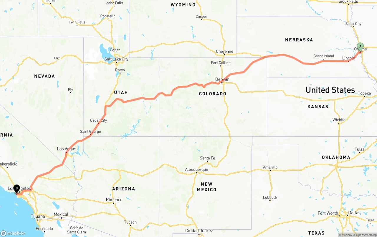 Shipping route from Omaha to Los Angeles International Airport