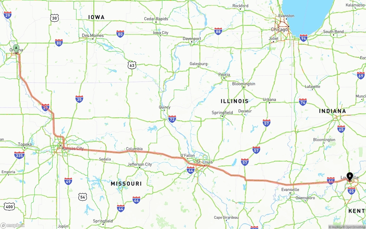 Shipping route from Omaha to Louisville