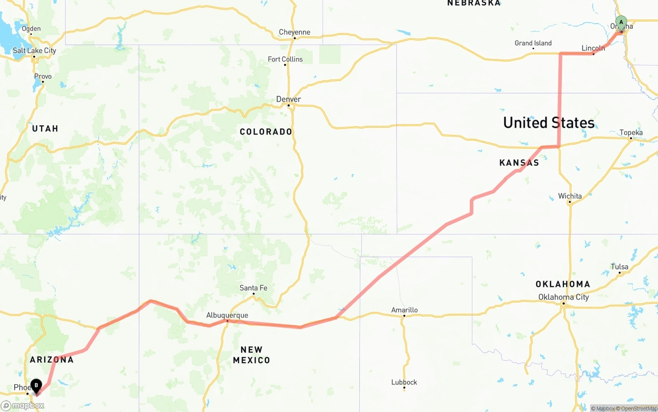 Shipping route from Omaha to Mesa
