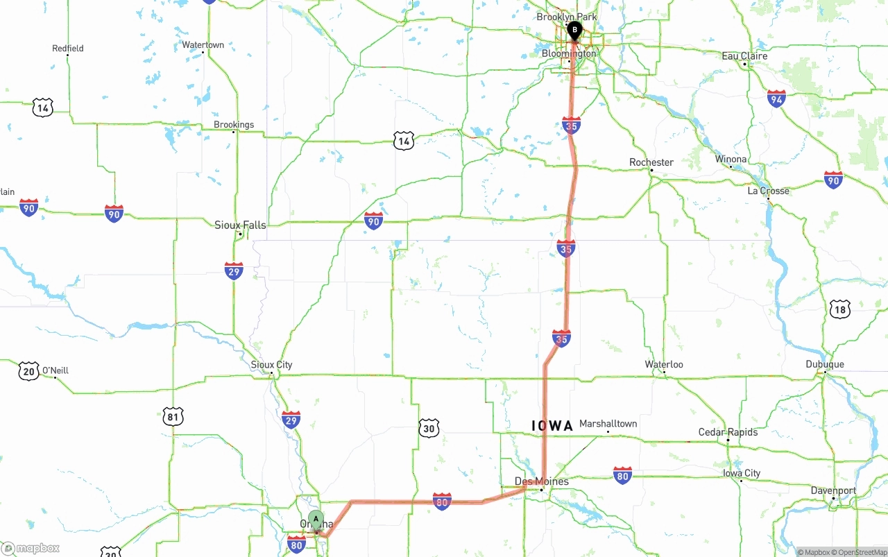 Shipping route from Omaha to Minneapolis