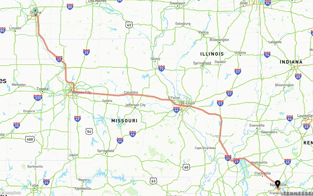 Shipping route from Omaha to Nashville