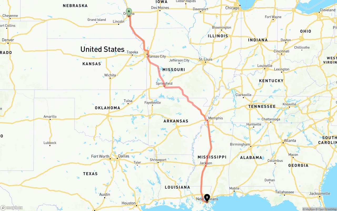 Shipping route from Omaha to New Orleans