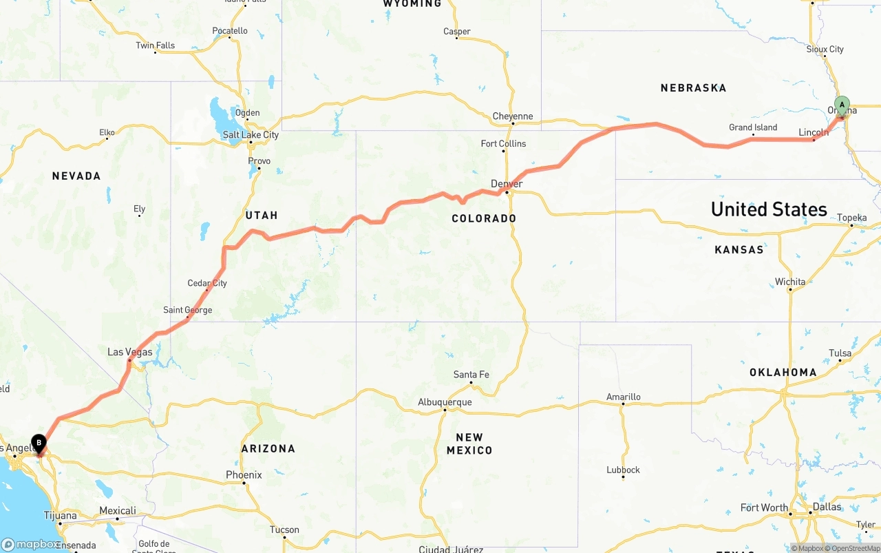 Shipping route from Omaha to Ontario International Airport