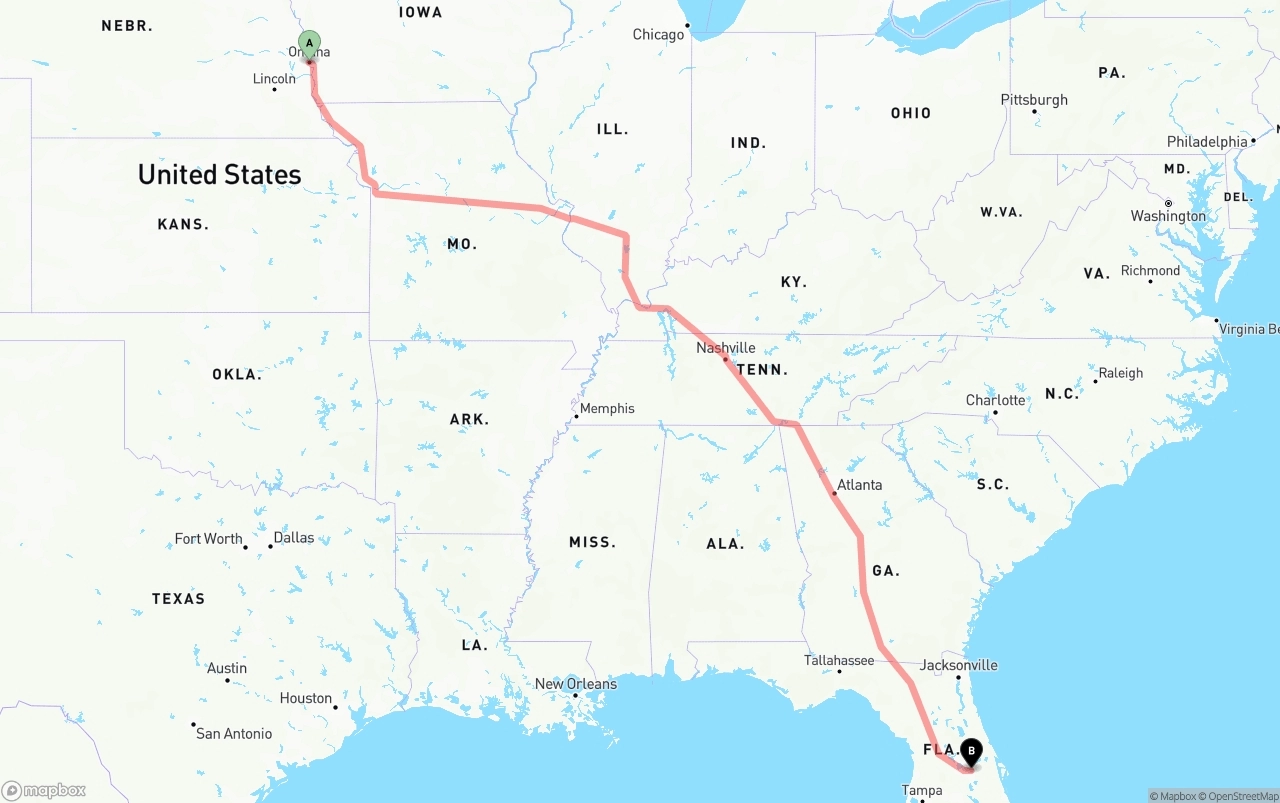 Shipping route from Omaha to Orlando