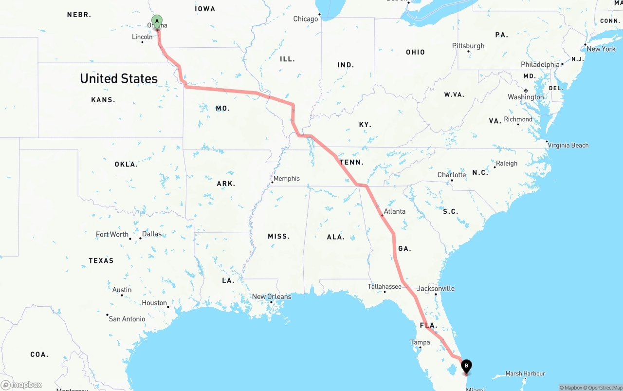 Shipping route from Omaha to Palm Beach International Airport
