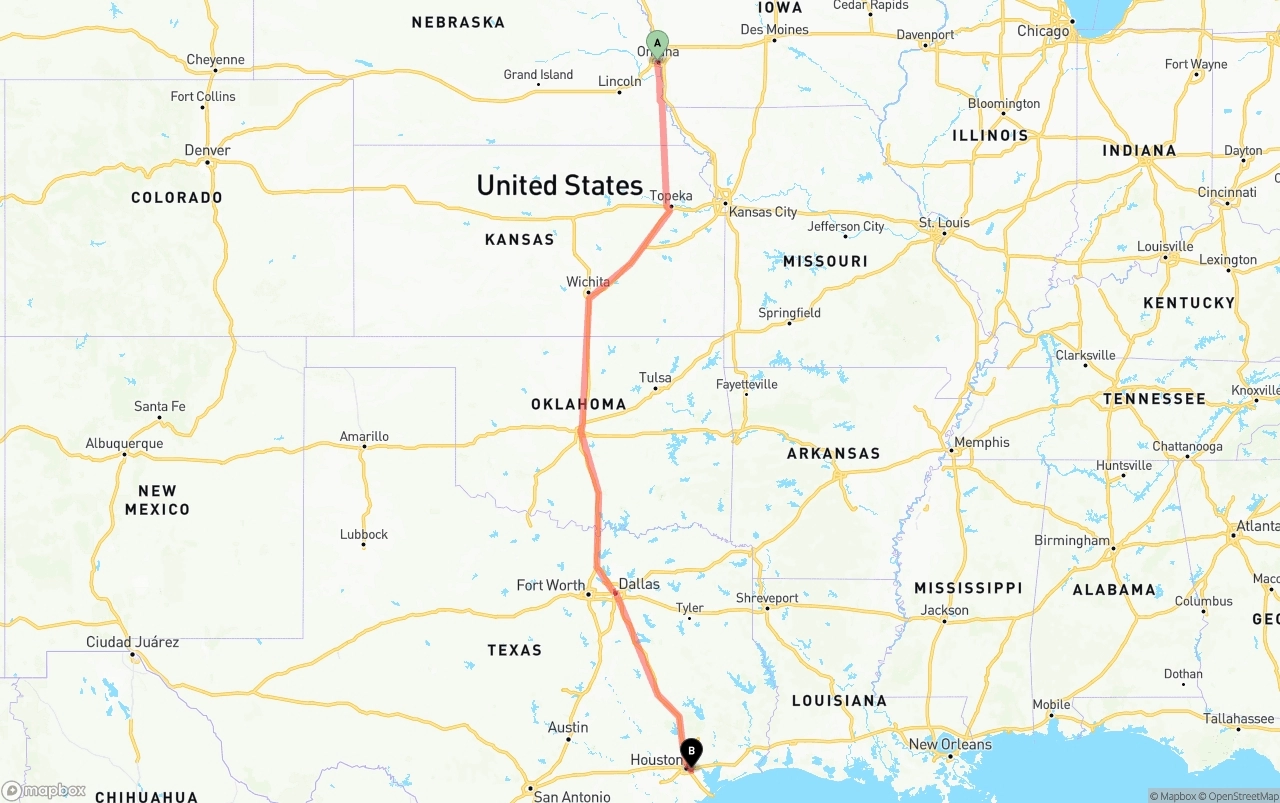 Shipping route from Omaha to Port of Houston