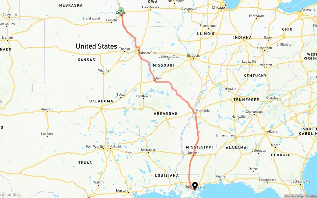 Shipping route from Omaha to Port of New Orleans