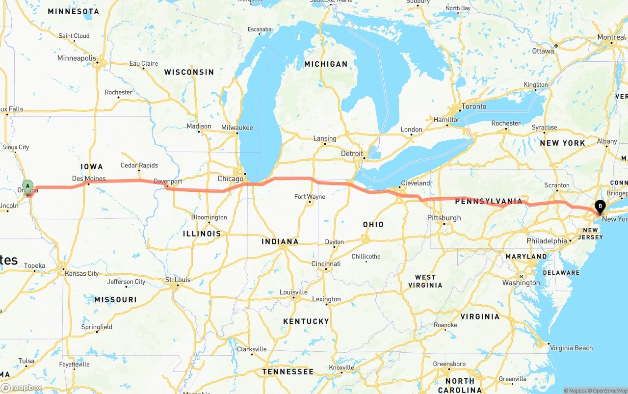 Shipping route from Omaha to Port of New York