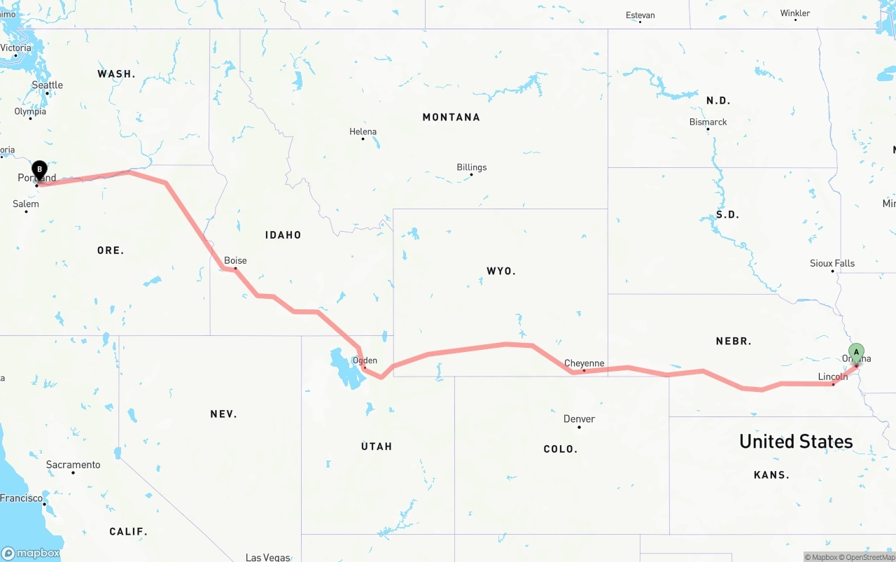 Shipping route from Omaha to Port of Portland