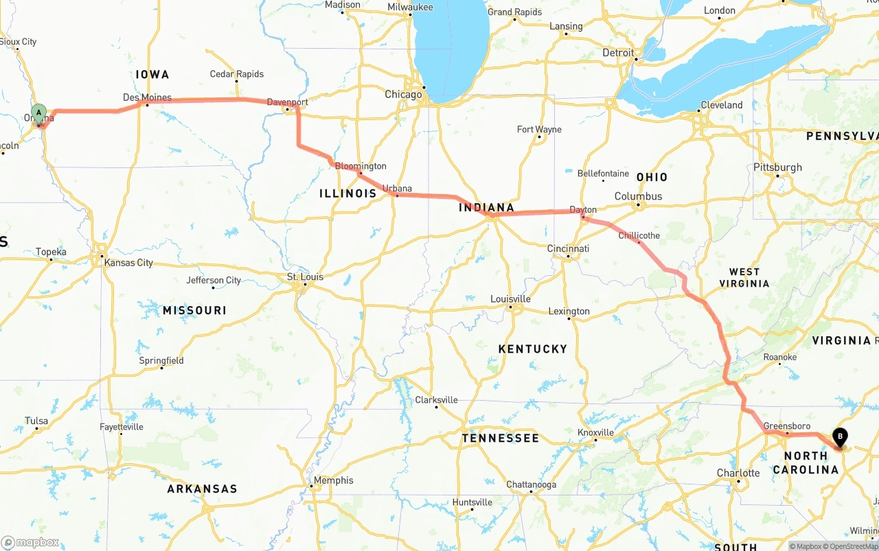 Shipping route from Omaha to Raleigh