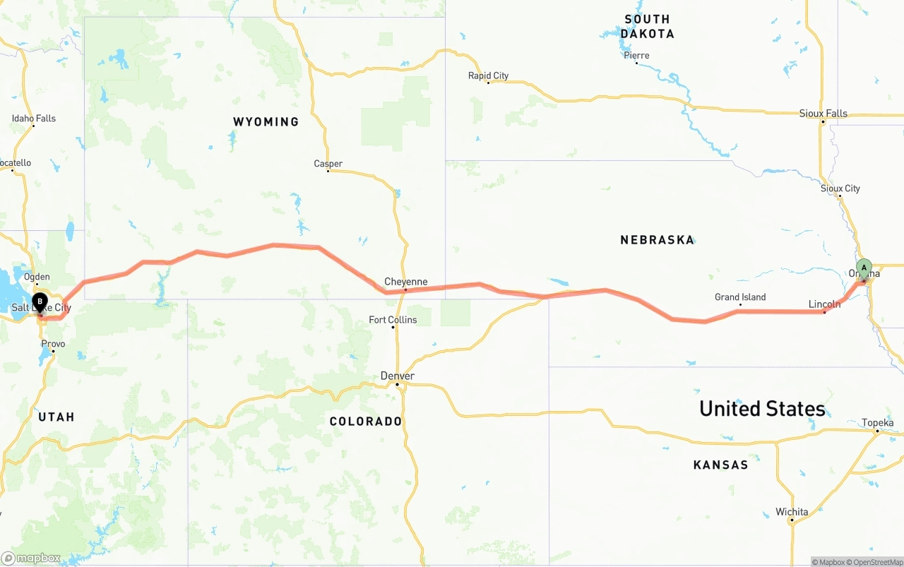 Shipping route from Omaha to Salt Lake City