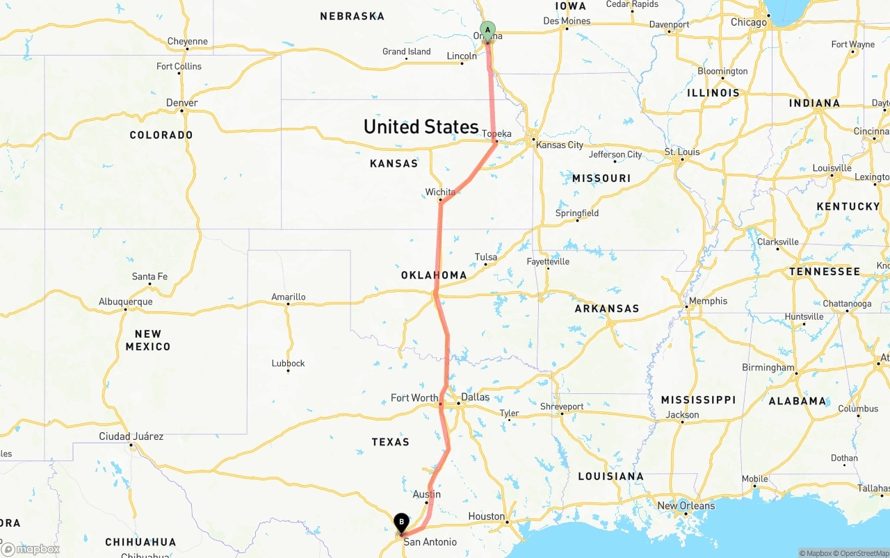 Shipping route from Omaha to San Antonio