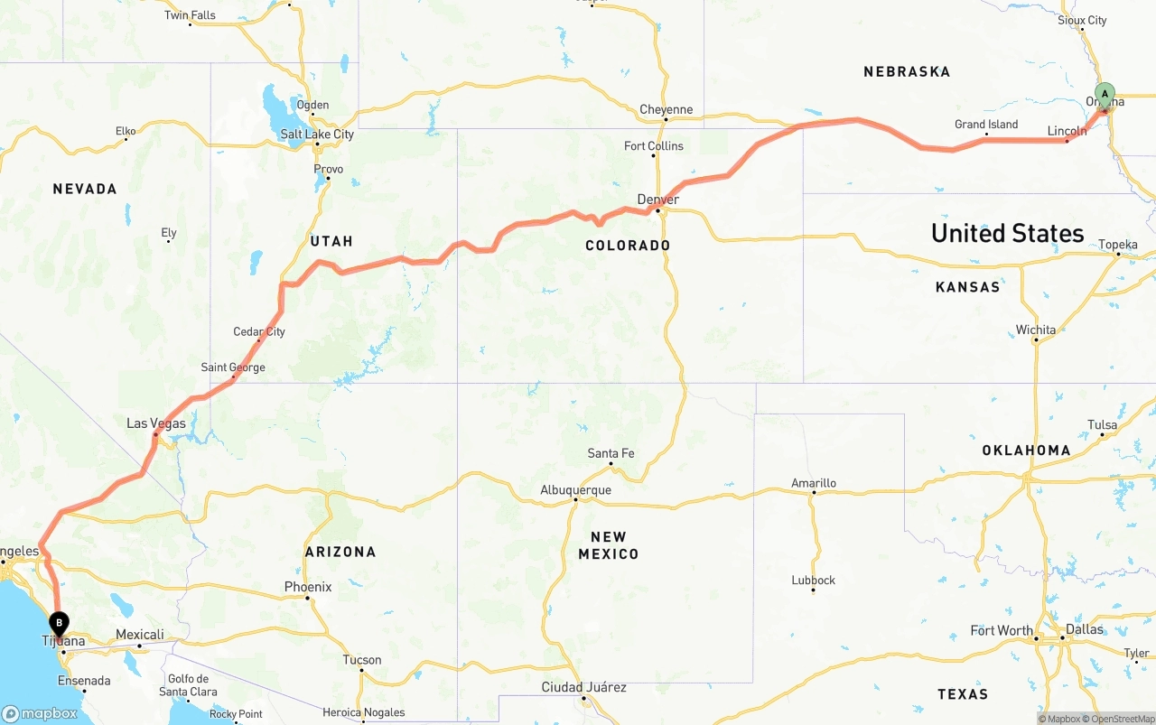 Shipping route from Omaha to San Diego