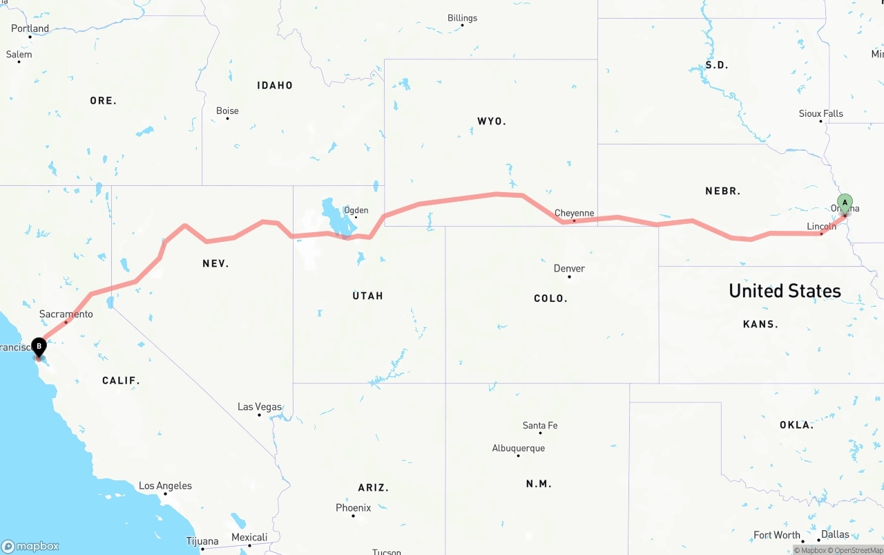 Shipping route from Omaha to San Francisco International Airport