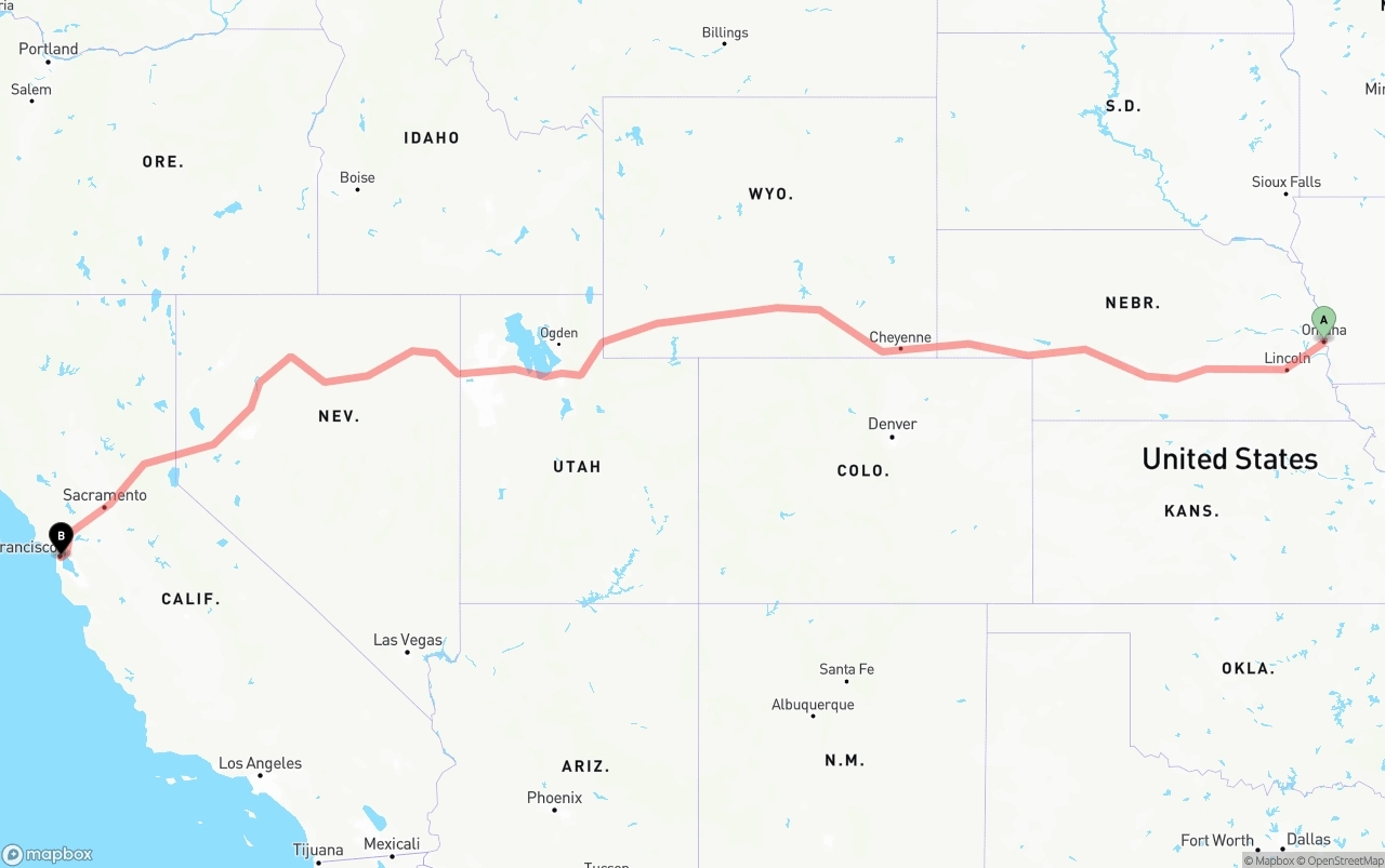 Shipping route from Omaha to San Francisco