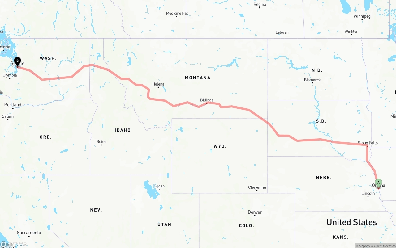 Shipping route from Omaha to Seattle