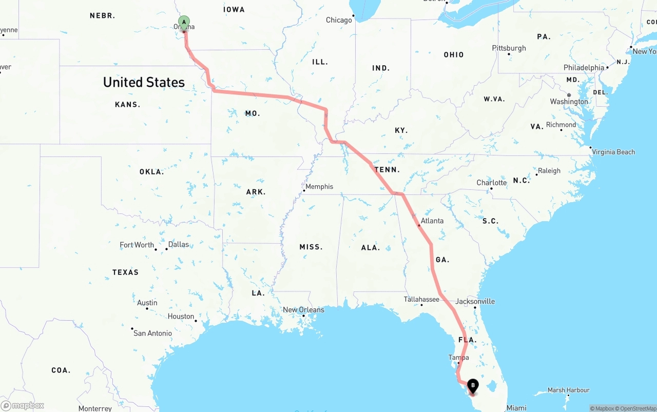 Shipping route from Omaha to Southwest Florida International Airport