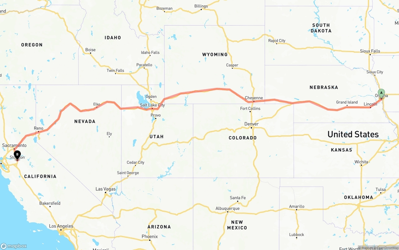 Shipping route from Omaha to Stockton