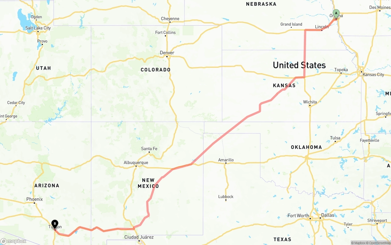 Shipping route from Omaha to Tucson