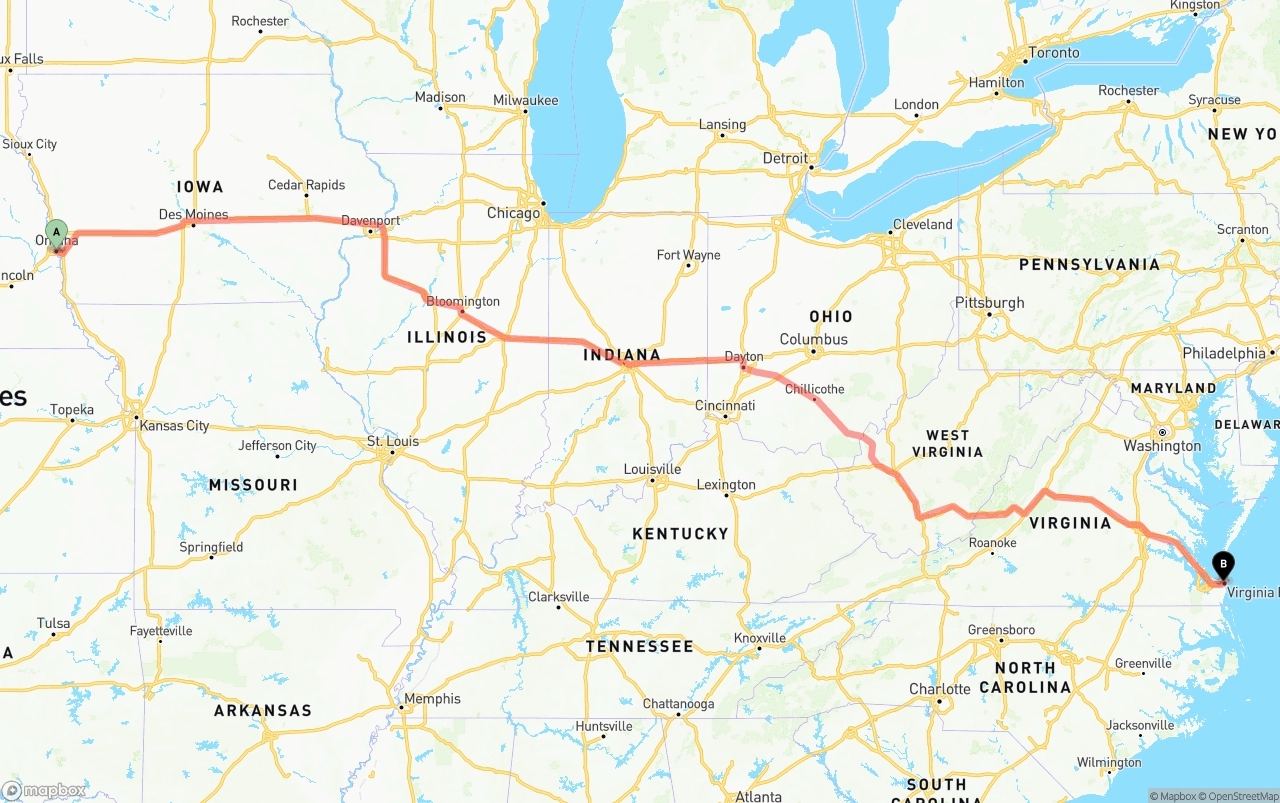 Shipping route from Omaha to Virginia Beach