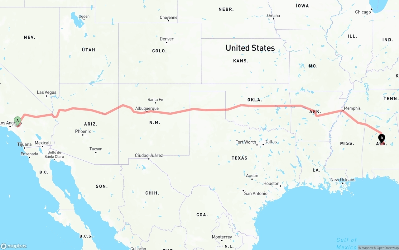 Shipping route from Ontario International Airport to Alabama