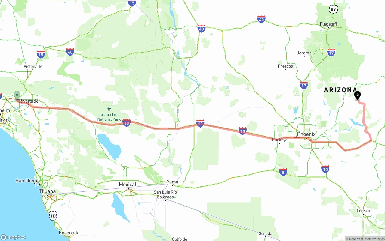 Shipping route from Ontario International Airport to Arizona