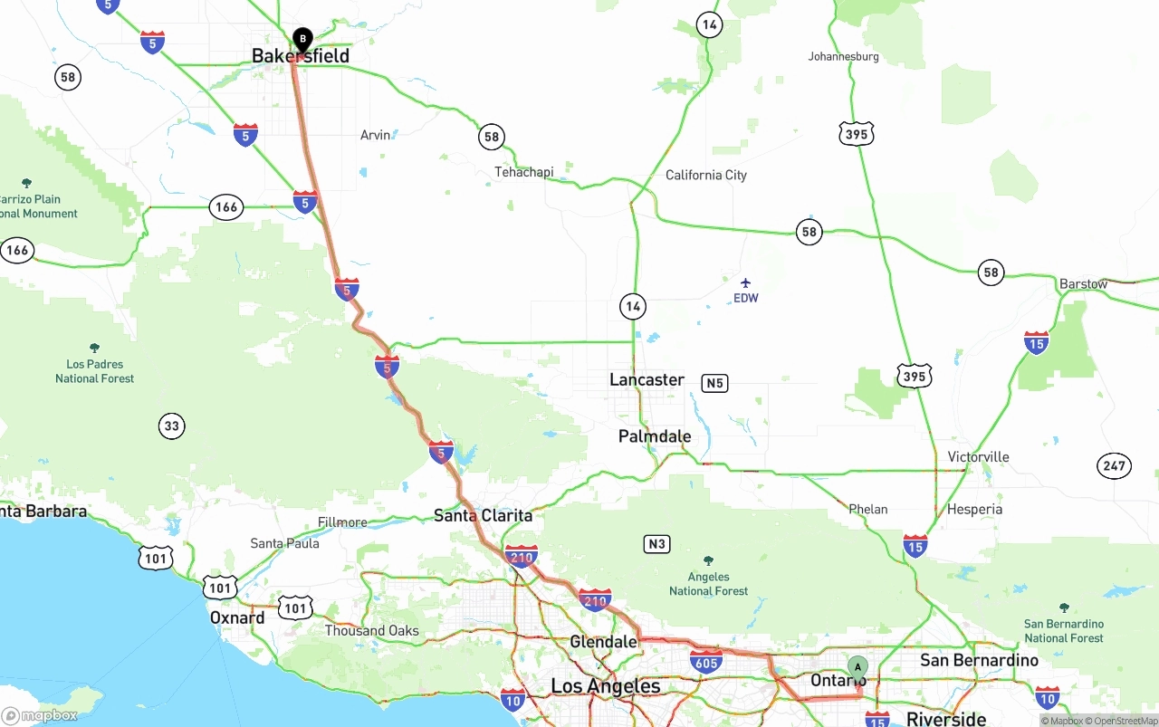 Shipping route from Ontario International Airport to Bakersfield