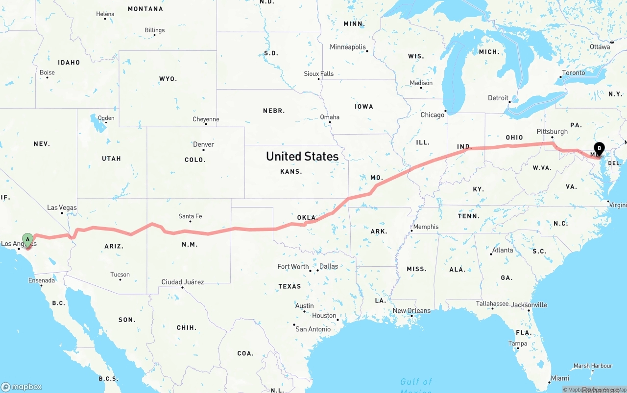 Shipping route from Ontario International Airport to Baltimore