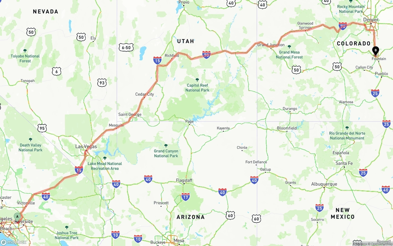 Shipping route from Ontario International Airport to Colorado Springs