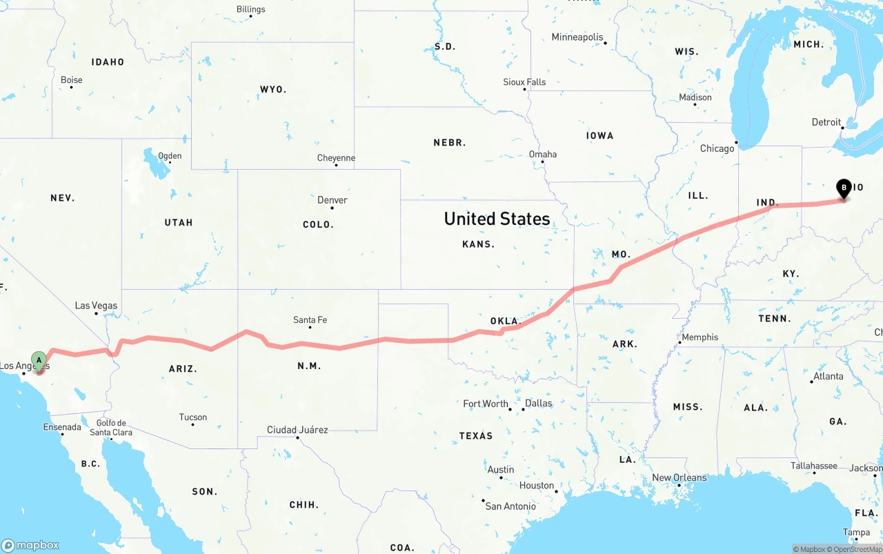 Shipping route from Ontario International Airport to Columbus