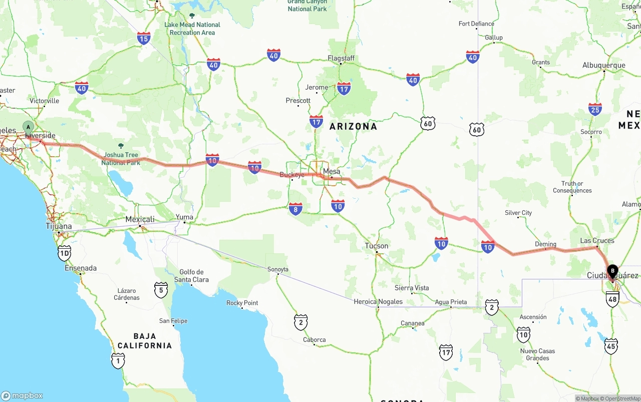 Shipping route from Ontario International Airport to El Paso