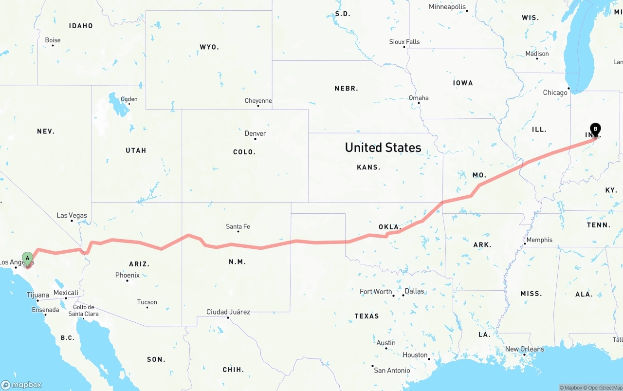 Shipping route from Ontario International Airport to Indianapolis
