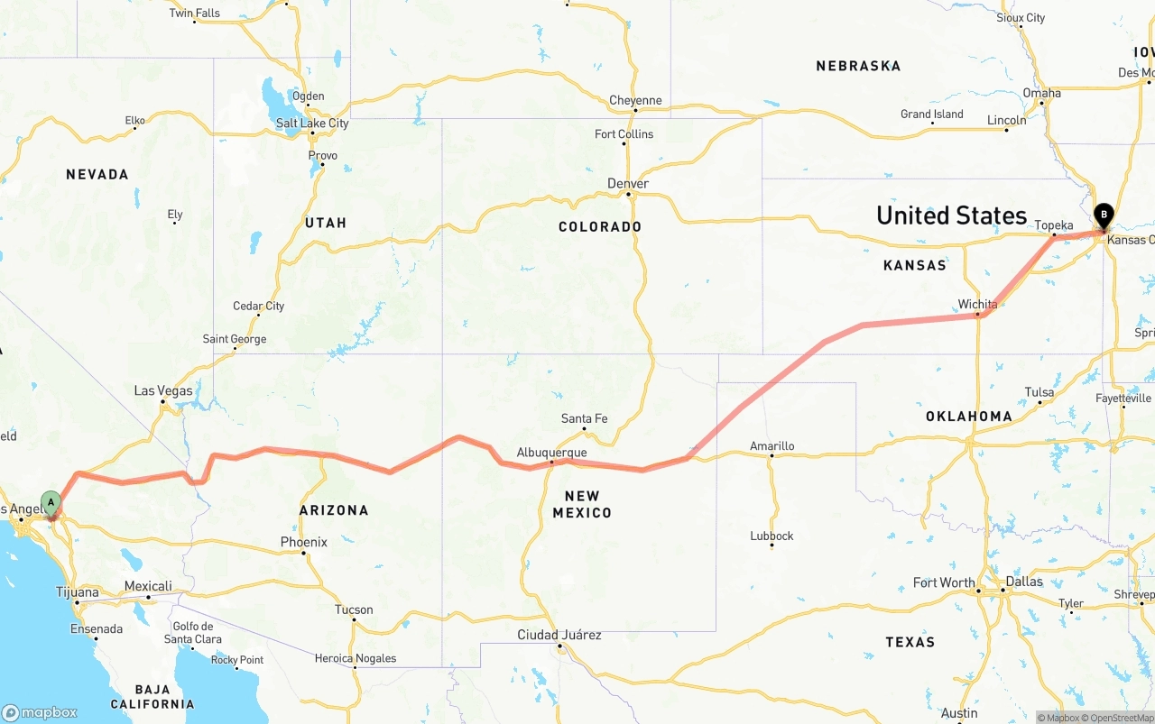 Shipping route from Ontario International Airport to Kansas City